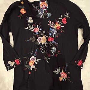 Johnny Was Embroidered Black Floral 3/4 sleeve top